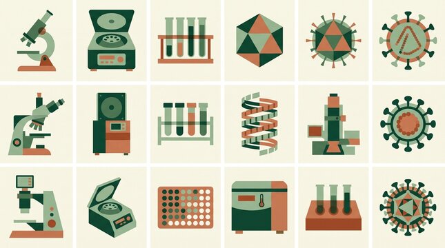 Scientific research laboratory equipment and virus icons, a collection of 15 flat vector illustrations. Biology and chemistry lab tools, microscopic organisms