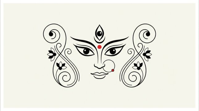 Goddess Durga face line art. Traditional Indian deity illustration for festival design.