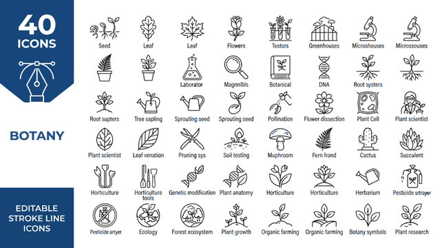Botany Line Icons Vector Collection Featuring Plant Science Biology Genetics Ecology Anatomy Taxonomy Physiology Growth Conservation Laboratory Editable Stroke Outline Graphic Design Representation