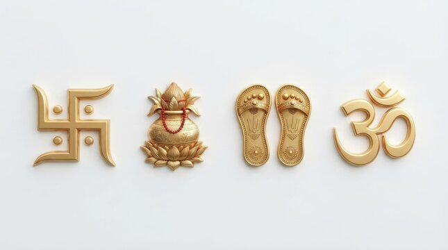 Golden Hindu religious symbols on white. Sacred icons of Ganesha and Om for spiritual design.
