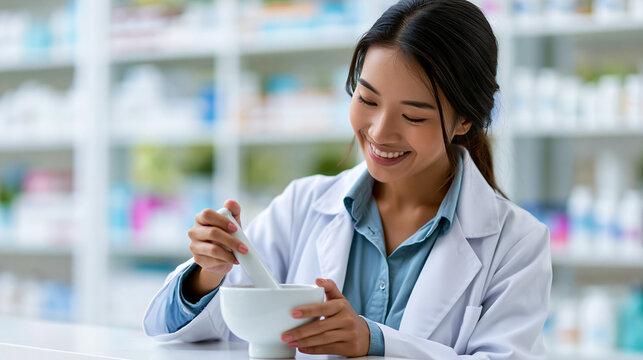Asian female pharmacist compounding medication using a mortar and pestle, traditional pharmaceutical technique , with copy space