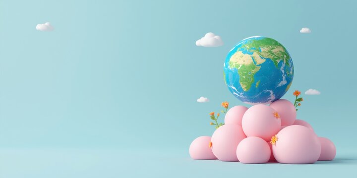 3d render of planet earth resting on a pile of soft pink spheres with small flowers and clouds background