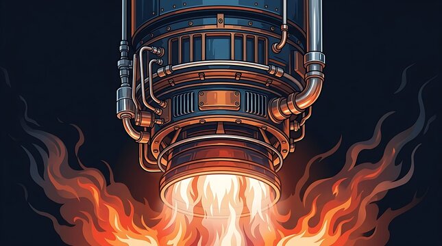 Powerful spacecraft engine emitting glowing fire and smoke