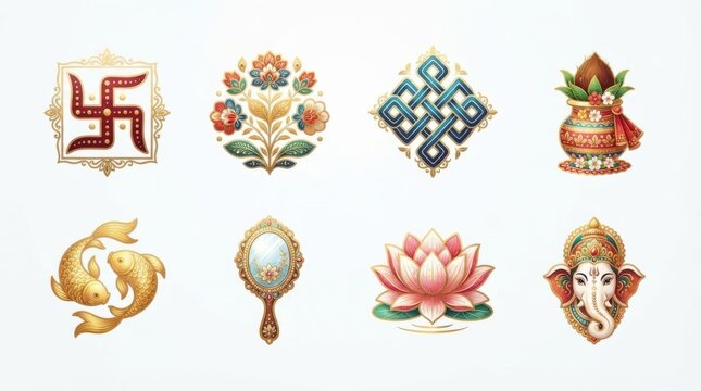 Set of traditional Indian cultural icons. Decorative Hindu religious symbols and motifs.