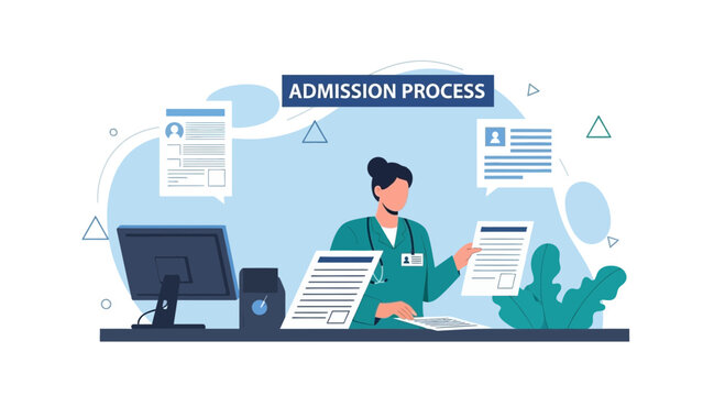 Doctor Processing Admission Forms at Hospital Desk with Patient Records
