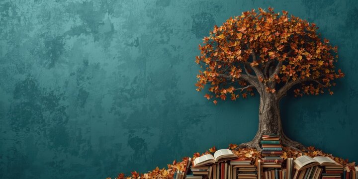 A large tree with golden autumn leaves emerging from a pile of stacked books against a dark teal textured wall