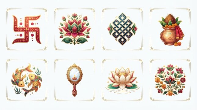 Set of traditional Indian religious symbols. Hindu spiritual icons and cultural design elements.