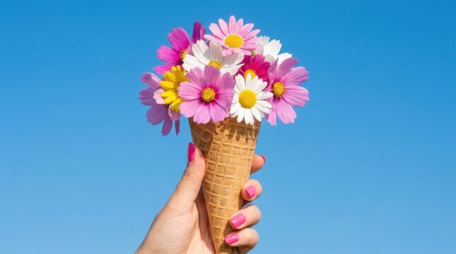 Hand holding flowers in ice cream cone. Summer floral bouquet in waffle cone against blue sky.