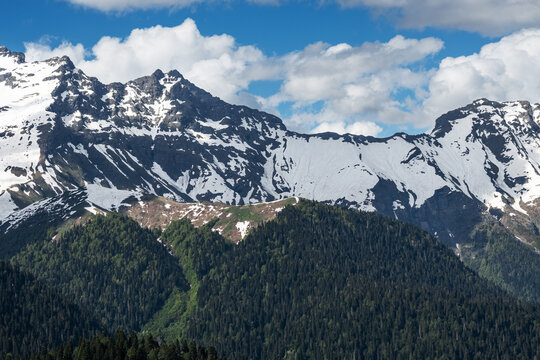 Distant Snow-Capped Peaks on the Horizon Line