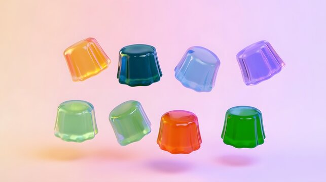Seven translucent jelly like objects float against a soft pastel gradient background with subtle shadows beneath them