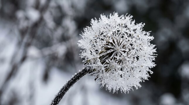 Frozen dandelion flower in winter. Macro shot of a white seed head covered in ice crystals.