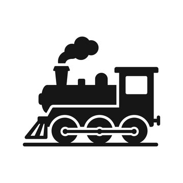 Vintage steam locomotive train icon side view with smoke clouds.