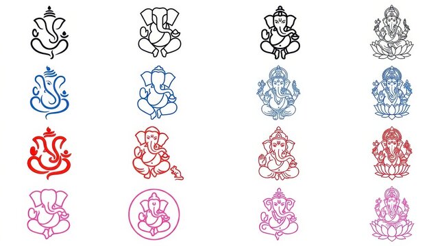 Ganesha icons set. Hindu deity Lord Ganesha symbols in various artistic styles.