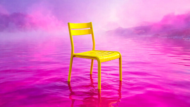 Chaise jaune dans un dans paysage avec eau rose