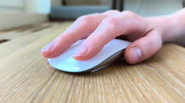 Close-up front view of a woman's finger on a mouse. Female hand clicking and navigating during computer work. Detailed scene of everyday digital interaction..