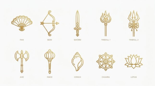 Set of golden Hindu religious symbols. Collection of traditional Indian spiritual icons.