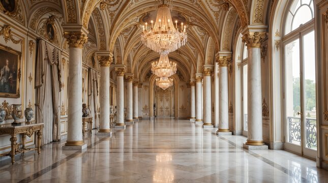 Grand corridors inside a historic royal palace feature tall marble columns and glowing crystal chandeliers that cast shimmering reflections across the polished stone floors of this ornate