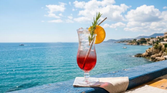 Refreshing red cocktail by the sea. Summer vacation drink with orange slice and rosemary.