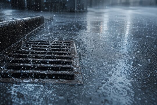 Rain falling into metal storm drain grate on urban asphalt street. Heavy downpour causing flooding and drainage of water into sewerage system. City infrastructure and water management.