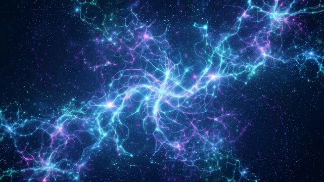 Glowing digital neural network and electric synapse energy loop video background.