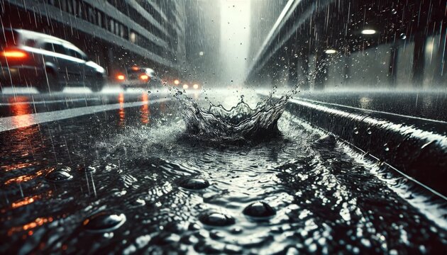 Rain droplet falling into a puddle near a city street storm drain. Heavy weather affecting urban infrastructure and sewer management. Concept of water drainage and environment protection.