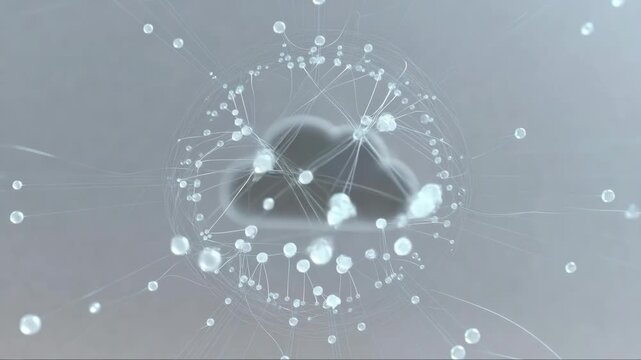 Cloud icon surrounded by light particles in soft abstract style on pale background, concept of digital data connectivity