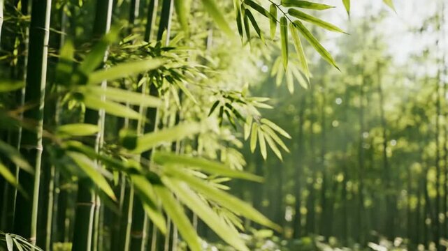 Serene bamboo forest background, with soft sunlight, filtering through green, leaves, peaceful nature, zen atmosphere for, meditation and wellness