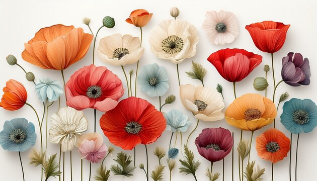 assorted poppy flower heads on white background background generative ai