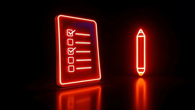 Red neon checklist and pencil sign business concept
