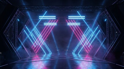 Naklejka premium Vibrant beams of red and blue light traverse a dark industrial corridor filled with heavy atmospheric smoke creating a high energy visual display perfect for electronic music festival stage