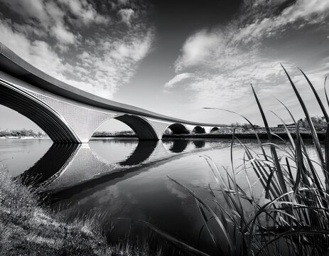 elegante bogenbrucke in schwarz weiss n moderne architektur uber ruhigem fluss bei bewolktem himmel