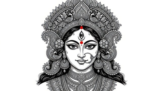 Goddess Durga portrait illustration. Traditional Indian deity art in black and white style.