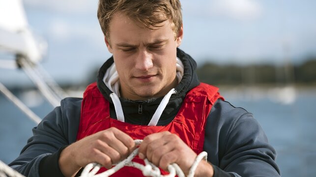 A young man wearing a red life vest is tying a white rope on a sailboat while looking down intently