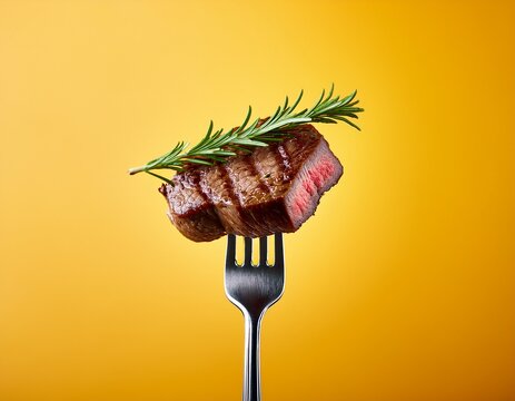 juicy beef steak on a fork garnished with rosemary and herbs isolated against a yellow background with copy space