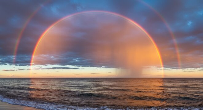 Stunning double rainbow over ocean at sunset with dramatic sky