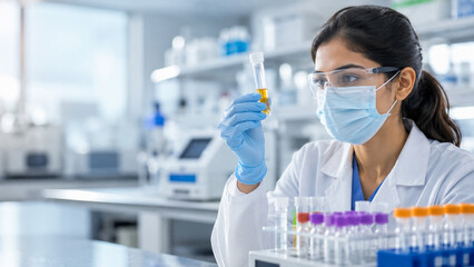 Fototapeta premium Female Scientist in Laboratory Examining Test Tube Sample with Safety Equipment 2026 4K