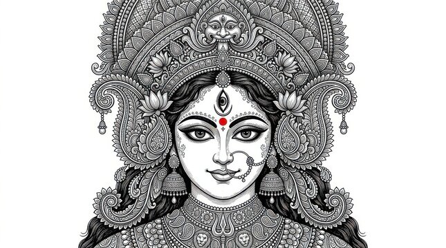Goddess Durga line art illustration. Intricate black and white portrait of a Hindu deity.