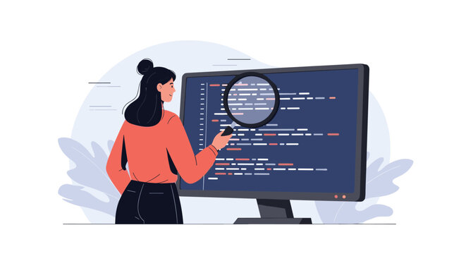 Female software tester inspecting lines of program code on a giant computer monitor using a magnifying glass.