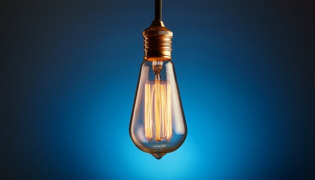 vintage edison style light bulb hanging from cord and glowing warmly against a dark blue gradient background symbolizing innovation creativity and inspirational ideas