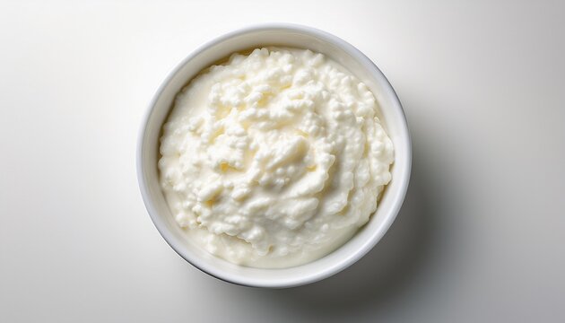 top down view of a white bowl filled with creamy cottage cheese or rice pudding textured curd surfaces against a clean white background