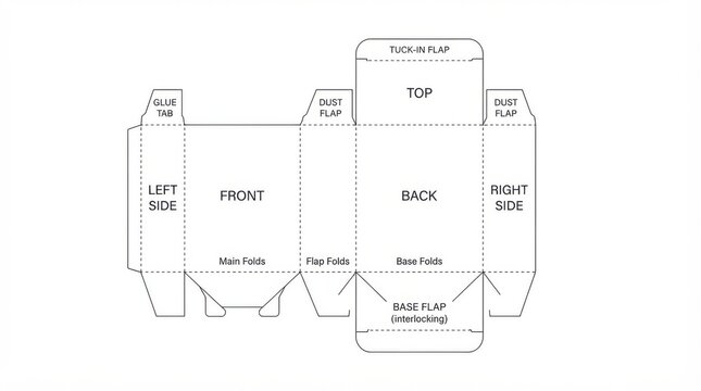 Cardboard box packaging die cut template. Flat paper layout for custom product box design.