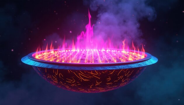 Futuristic round grill floats in dark space with intense magenta flames. Electric heat radiates from metallic surface creating surreal culinary atmosphere. Glowing purple fire rises above black iron