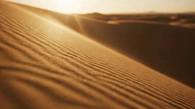 Golden desert sand dunes at sunset with blowing wind and sun flare, cinematic sahara landscape background, for travel and, nature projects