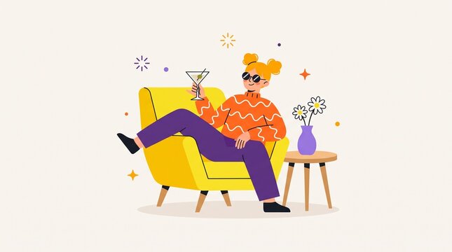 Woman relaxing with cocktail in cozy armchair