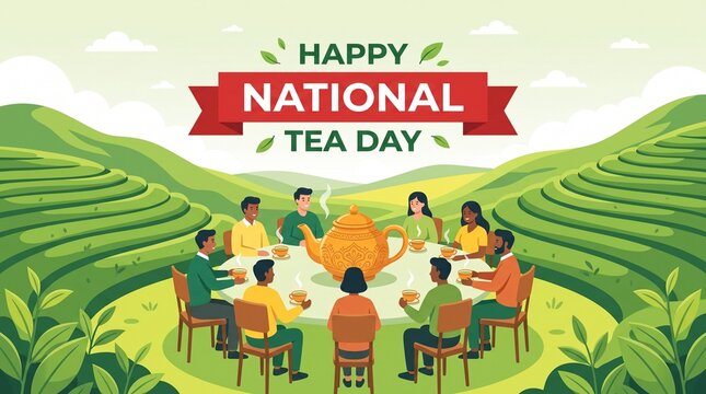 Happy group celebrating national tea day in tea field