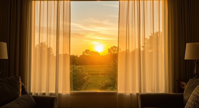 Sunset view through window with curtains sunlight and landscape scene