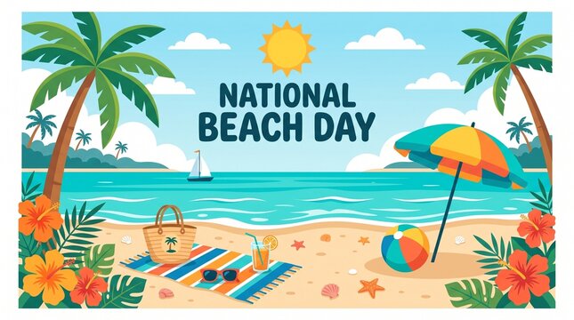 Happy beach scene with palm trees on national beach day