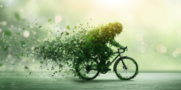 Artistic representation of a leafy humanoid cyclist riding a bike with a disintegrating trail of green foliage