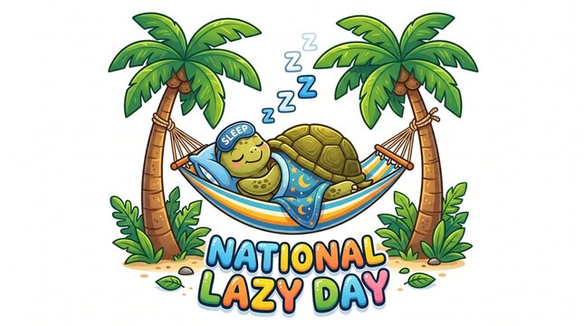 Turtle sleeping in a colorful hammock between palm trees