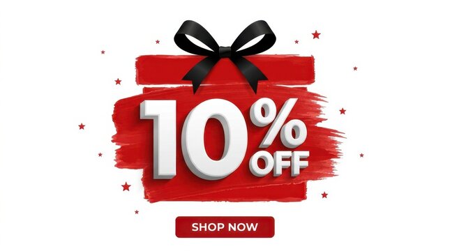 10 percent off sale banner with red brush stroke. Discount promotion tag with black ribbon.